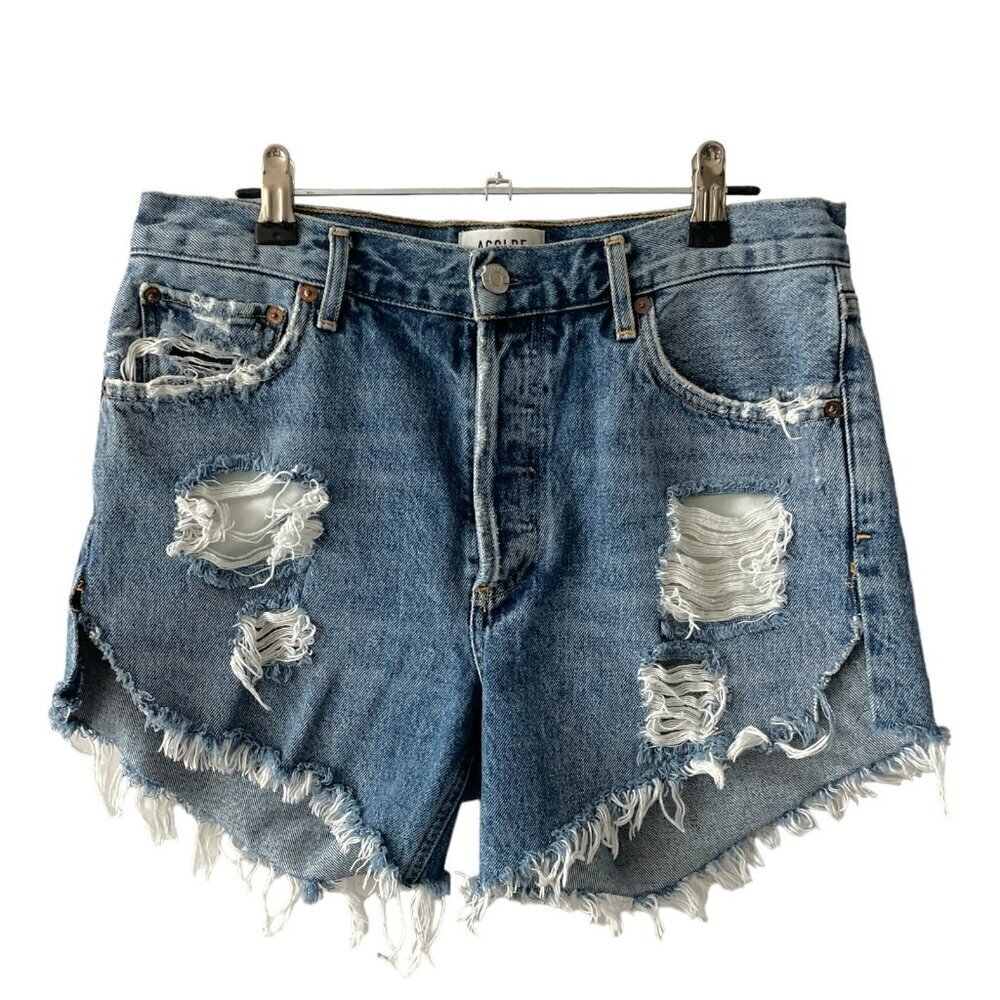 AGOLDE Rumi Distressed Mid Rise Waist Denim Dark Wash Casual Jean Shorts Blue 28